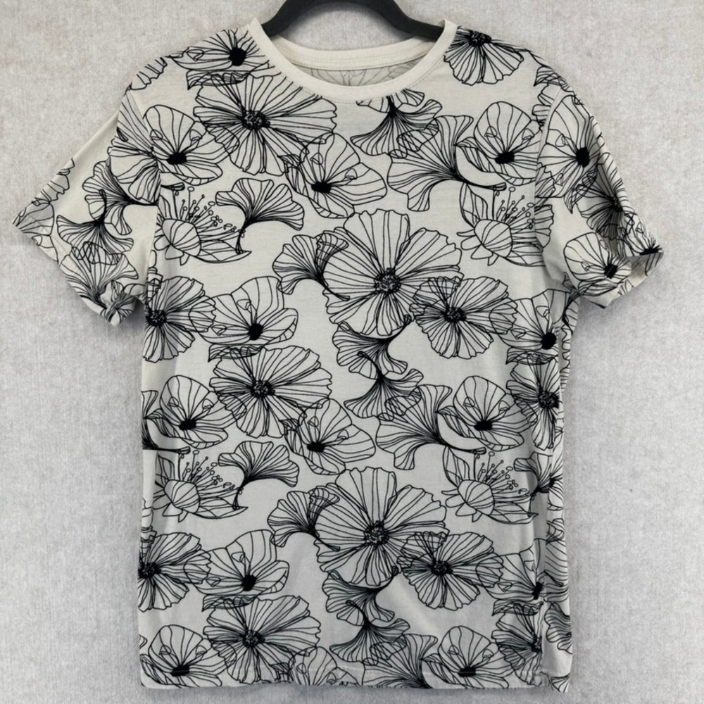 Goodfellow & Co Mens Small Cream Black Floral Line Art Graphic T-Shirt